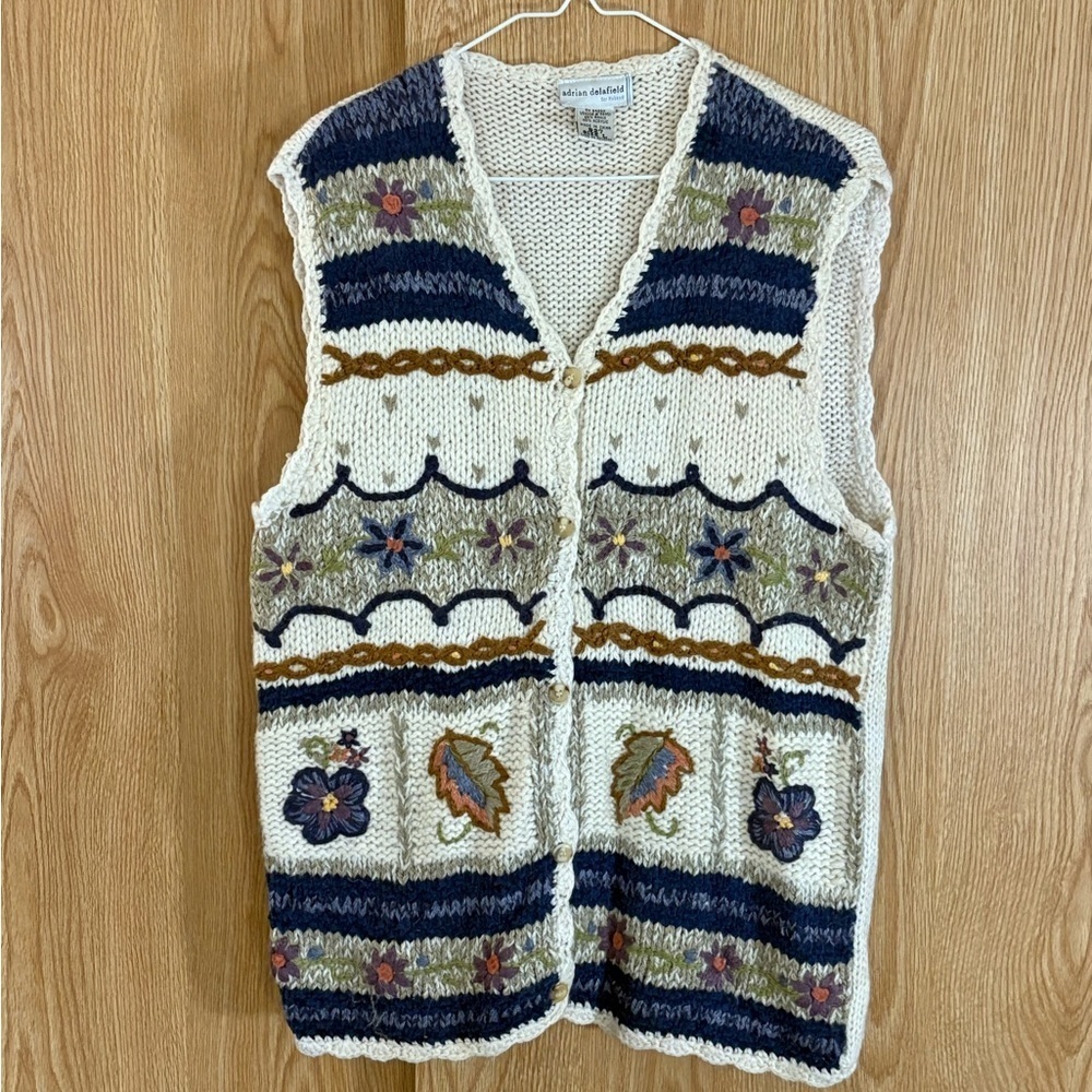 Haband Vintage 70’s Fall Leaves Embroidered Cream and Blue Knit Sweater Vest